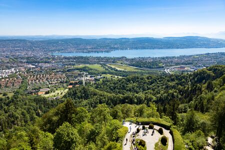 Panaromic view of Zurich city and lake from Uetliberg viewpoint in Switzerlandの写真素材