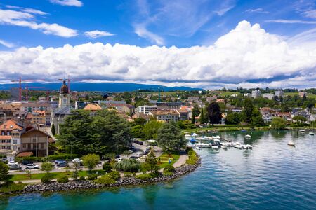Aerial view of Morges city waterfront in the border of the Leman Lake in  Switzerlandの写真素材