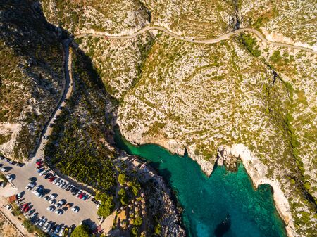 Aerial  view of Porto limnionas beach in Zakynthos (Zante) island, in Greeceの写真素材