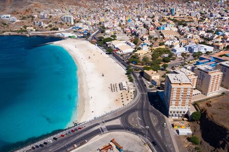 Aerial view of Laginha beach in Mindelo city in Sao Vicente Island in Cape Verde