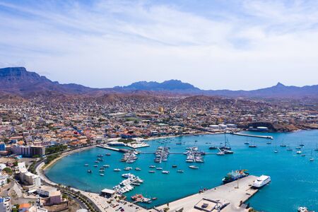 Aerial view of Laginha beach in Mindelo city in Sao Vicente Island in Cape Verdeの写真素材