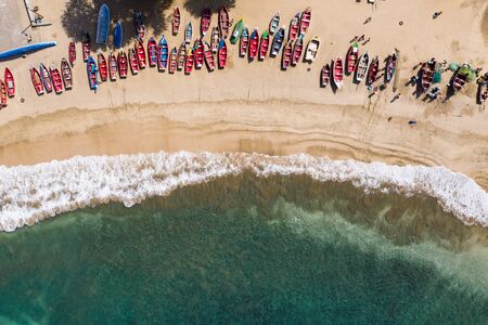 Aerial view of fishing boats in Tarrafal beach in Santiago island in Cape Verde - Cabo Verdeの写真素材