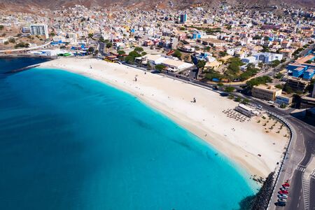Aerial view of Laginha beach in Mindelo city in Sao Vicente Island in Cape Verdeの写真素材