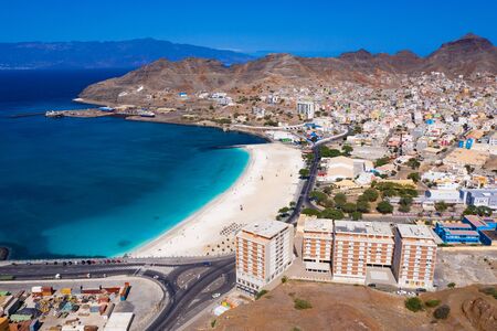 Aerial view of Laginha beach in Mindelo city in Sao Vicente Island in Cape Verde