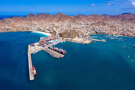 Aerial view of Laginha beach in Mindelo city in Sao Vicente Island in Cape Verdeの写真素材
