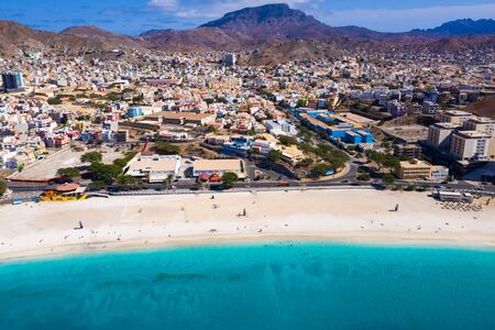 Aerial view of Laginha beach in Mindelo city in Sao Vicente Island in Cape Verdeの写真素材