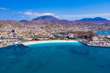 Aerial view of Laginha beach in Mindelo city in Sao Vicente Island in Cape Verdeの写真素材