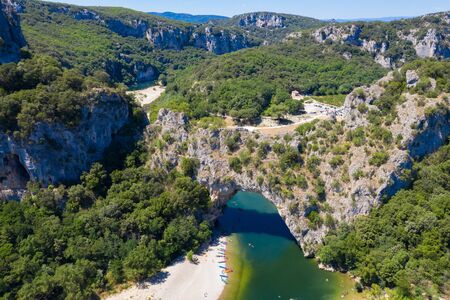 Aerial view of Narural arch in Vallon Pont D'arc in Ardeche canyon in Franceの写真素材