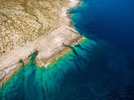 Aerial  view of Porto Vromi beach in Zakynthos (Zante) island, in Greeceの写真素材
