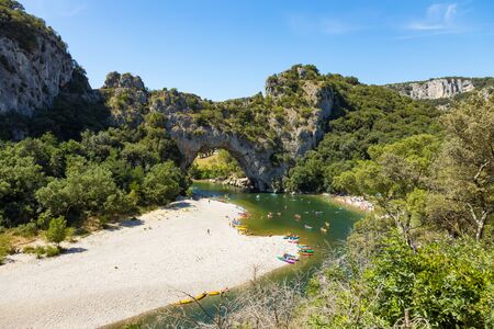 Aerial view of Narural arch in Vallon Pont D'arc in Ardeche canyon in Franceの写真素材