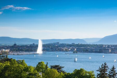 The jet of water the symbol of the city of Geneva in Switzerlandの写真素材