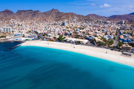Aerial view of Laginha beach in Mindelo city in Sao Vicente Island in Cape Verdeの写真素材