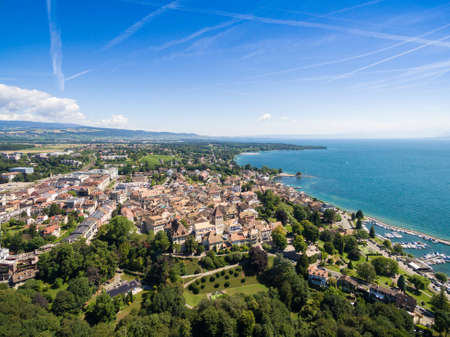 Aerial view of Nyon old city and waterfront in Switzerlandの写真素材