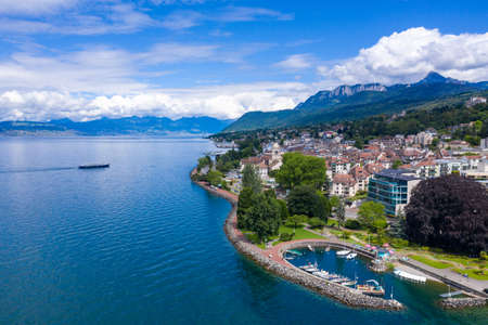 Aerial view of Evian (Evian-Les-Bains) city in Haute-Savoie in Franceの写真素材