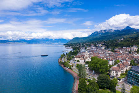 Aerial view of Evian (Evian-Les-Bains) city in Haute-Savoie in Franceの写真素材
