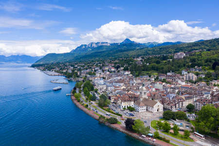 Aerial view of Evian (Evian-Les-Bains) city in Haute-Savoie in Franceの写真素材