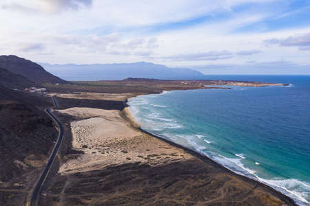 Aerial view of Mindelo coastline beach in Sao Vicente Island in Cape Verdeの写真素材
