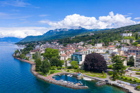Aerial view of Evian (Evian-Les-Bains) city in Haute-Savoie in Franceの写真素材