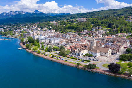 Aerial view of Evian (Evian-Les-Bains) city in Haute-Savoie in Franceの写真素材