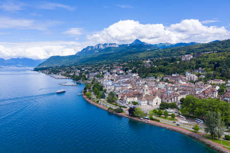 Aerial view of Evian (Evian-Les-Bains) city in Haute-Savoie in Franceの写真素材