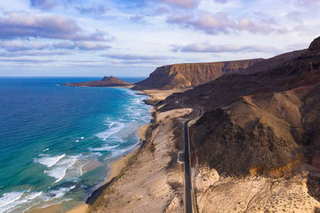 Aerial view of Mindelo coastline beach in Sao Vicente Island in Cape Verdeの写真素材
