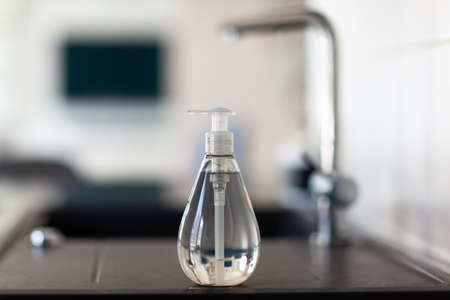 Antibacterial antiseptic hand sanitizer gel bottle and surgical masksの写真素材