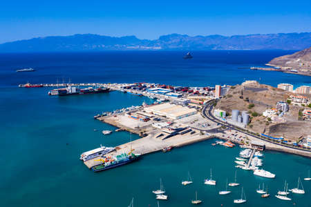 Aerial view of Laginha beach in Mindelo city in Sao Vicente Island in Cape Verdeの写真素材