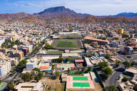 Aerial view of Mindelo city in Sao Vicente Island in Cape Verdeの写真素材