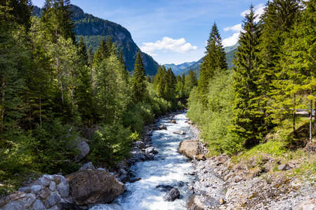 Aerial view of Cascade du Rouget (Rouget Waterfalls) in Sixt-fer-a-cheval in Haute-Savoie Franceの写真素材