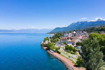 Aerial view of Evian (Evian-Les-Bains) city in Haute-Savoie in Franceの写真素材