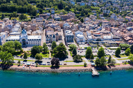 Aerial view of Evian (Evian-Les-Bains) city in Haute-Savoie in Franceの写真素材
