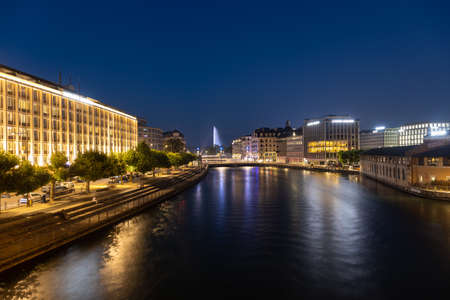 Night view of Geneva city in Switzerlandの写真素材