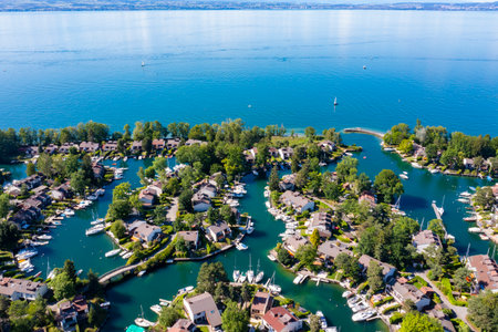 Aerial view of Ripaille neighborhood (Thonon-Les-Bains) city in Haute-Savoie in Franceの写真素材