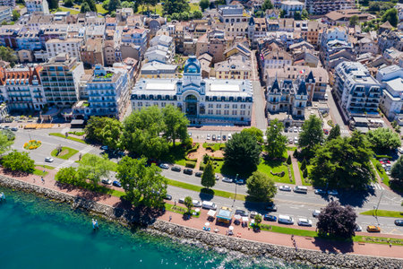 Aerial view of Evian (Evian-Les-Bains) city in Haute-Savoie in Franceの写真素材