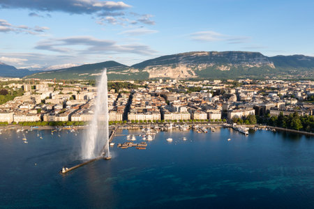 Aerial view of Leman lake - Geneva city in Switzerlandの写真素材