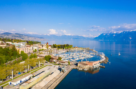 Aerial view of Leman lake - Lausanne city in Switzerlandの写真素材