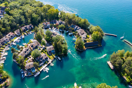Aerial view of Ripaille neighborhood (Thonon-Les-Bains) city in Haute-Savoie in Franceの写真素材