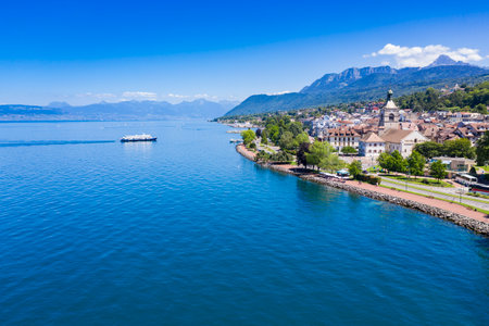 Aerial view of Evian (Evian-Les-Bains) city in Haute-Savoie in Franceの写真素材