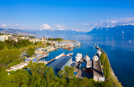 Aerial view of Leman lake - Lausanne city in Switzerlandの写真素材
