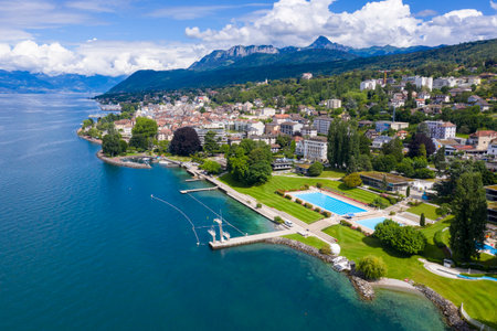 Aerial view of Evian (Evian-Les-Bains) city in Haute-Savoie in Franceの写真素材