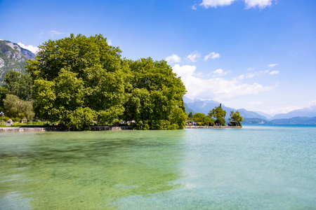Annecy lake waterfront in Haute-Savoie Franceの写真素材