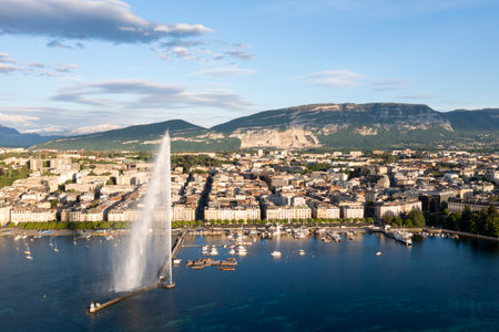 Aerial view of Leman lake - Geneva city in Switzerlandの写真素材