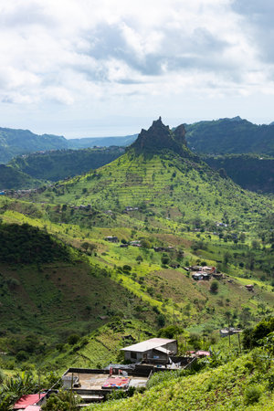 Mountainous green Santiago Island landscape in rain season - Cape Verdeの写真素材