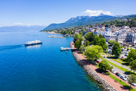 Aerial view of Evian (Evian-Les-Bains) city in Haute-Savoie in Franceの写真素材