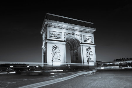 Night view of Arc de Triomphe - Triumphal Arc in Paris, Franceの写真素材
