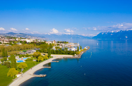 Aerial view of Ouchy waterfront in Lausanne, Switzerlandの写真素材