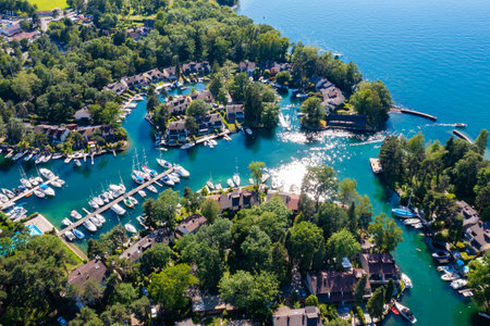 Aerial view of Ripaille neighborhood (Thonon-Les-Bains) city in Haute-Savoie in Franceの写真素材