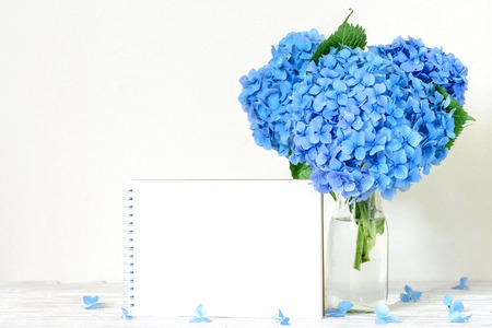 mock up blank greeting card and blue hydrangea flowers on white wooden table. wedding or spring...
