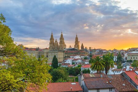 Aerial view on Santiago de Compostela old town with cathedral, Galicia, Spain in sunrise