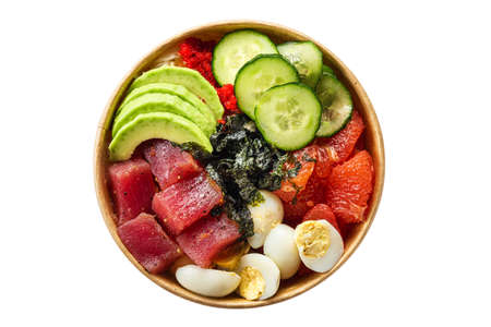 Tuna poke bowl salad with avocado in paper package for take away or food delivery isolated on white...